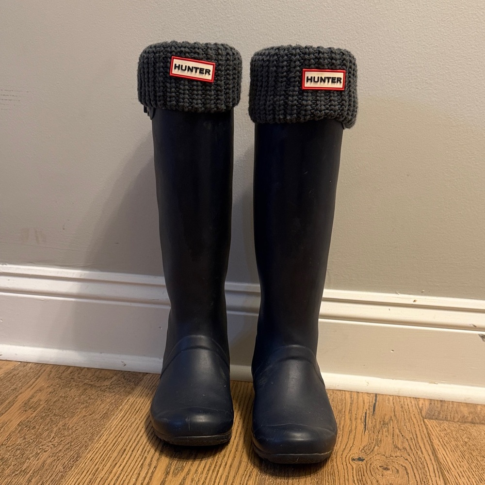 Hunter Women's Navy Rain Boots with Gray Cuff